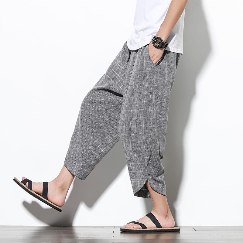Ankle-Length Cotton Linen Plaid Pants Men Trousers Hip Hop Jogger Sweatpants Streetwear Harem Men's