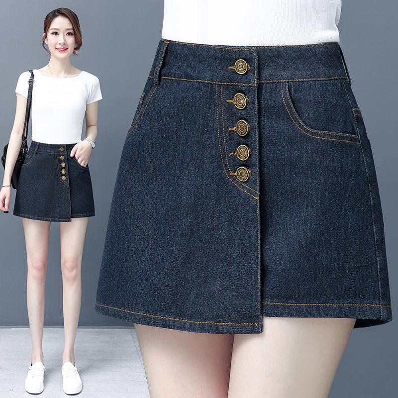 Summer 2021 Spring Womens Irregular Beige Black Denim Shorts Skirts , Korean Style Causal Button Jeans Skirt For Woman Women's
