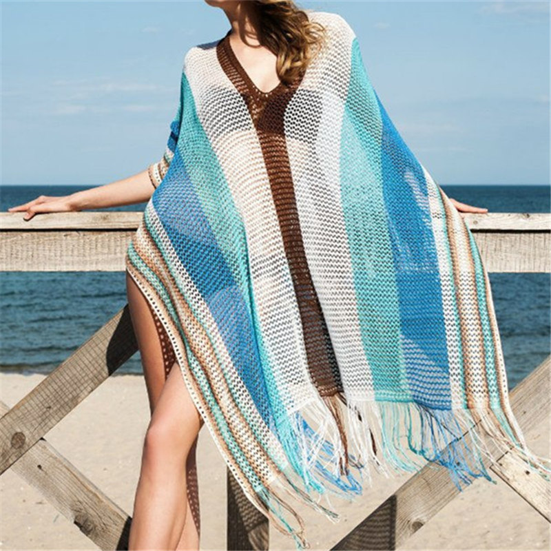 Oversize Bohemian Striped V-neck Cape Sleeve Fringed Knitted Summer Dress Beach Cover Up Women Beachwear Crochet Tunic Q900 210420