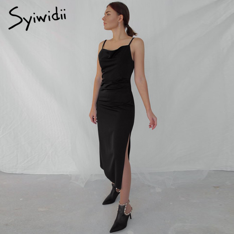 Syiwidii Satin Dress Woman Sleeveless Spaghetti Strap Casual Straight Red Black Spring Summer Fashion French Dresses Party 210409