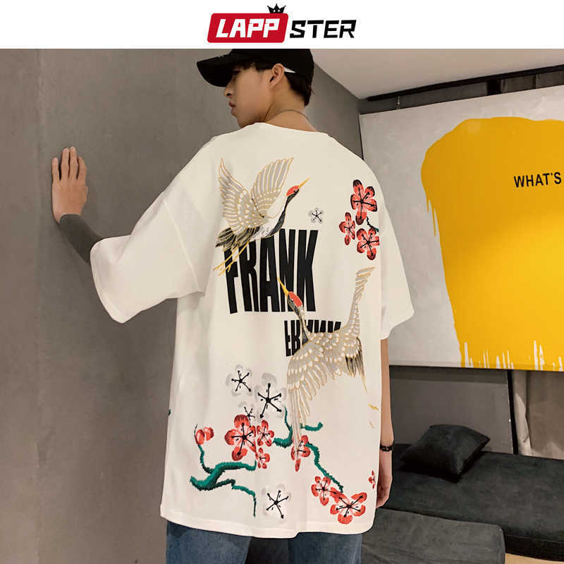 LAPPSTER Men Japanese Streetwear Crane Shirt Summer Mens Harajuku Black Shirts Male White Korean Loose ees Plus Size 210629