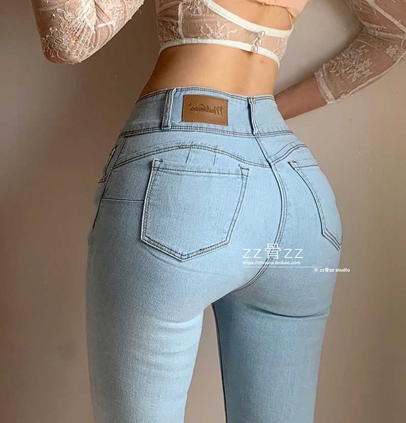 WOMENGAGA Sexy Skinny Light Blue Jeans Female Lady Denim Pants Stretch Button Peach Breech Legging Europe Korea W44Z 210603