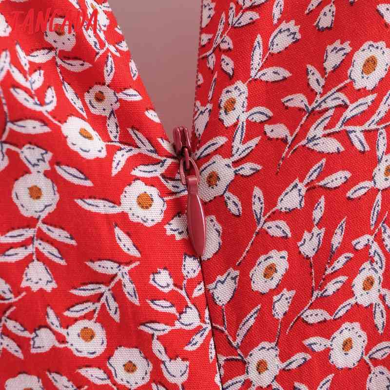 Summer Red Floral Print V Neck Short Sleeve Ladies Long Dress Vestidos 1F123 210416