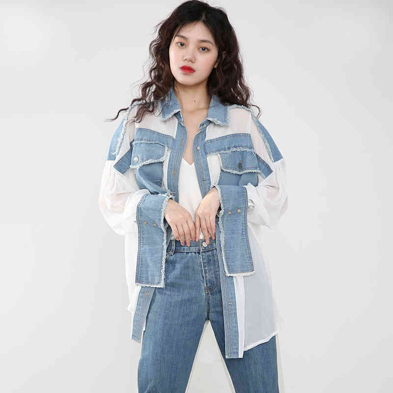 [EAM] Women Chiffon Burrs Denim Big Size Blouse Lapel Long Sleeve Loose Fit Shirt Fashion Spring Autumn 1DD127300 210512