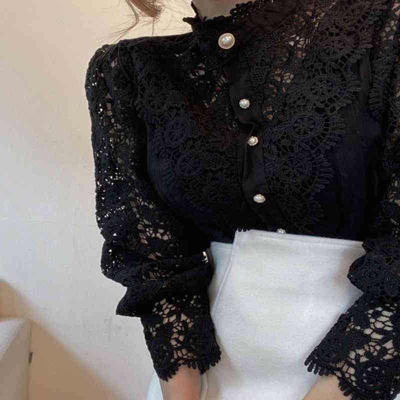 Blusas Mujer De Moda Spring Hollow Out Lace Shirt Women Office Lady Flower Blouse Stand Collar Button Female Clothing 12419 210508