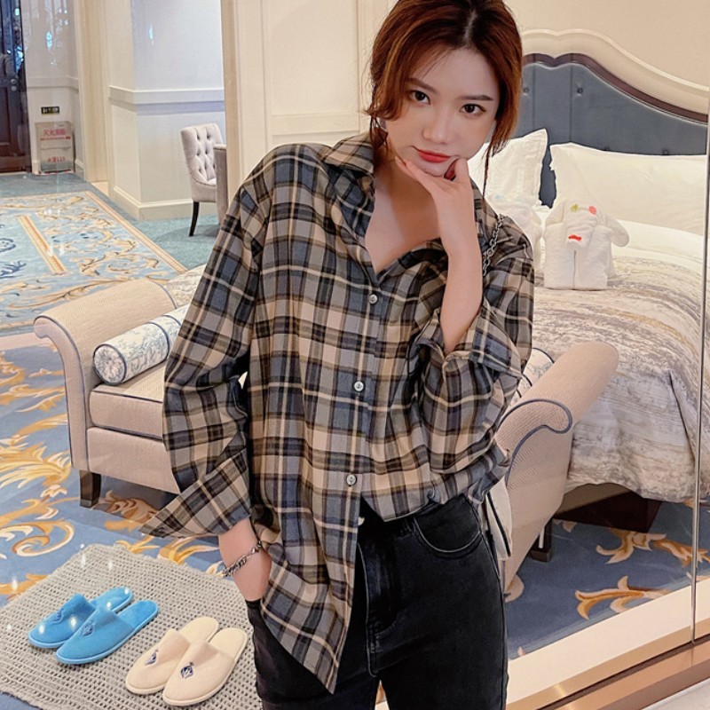Spring Fashion Ladies Long Sleeve Casual Blouses Top Vintage Female Streetwear Plaid Women Loose Chic Shirts 210519