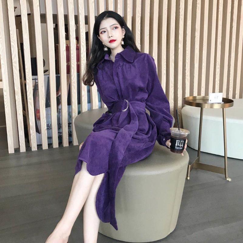 Casual Dresses 2021 Autumn Winter Women Corduroy Purple Dress Korean Style Solid Color One Piece Long Chic Slim Fit Sleeve Vestidos