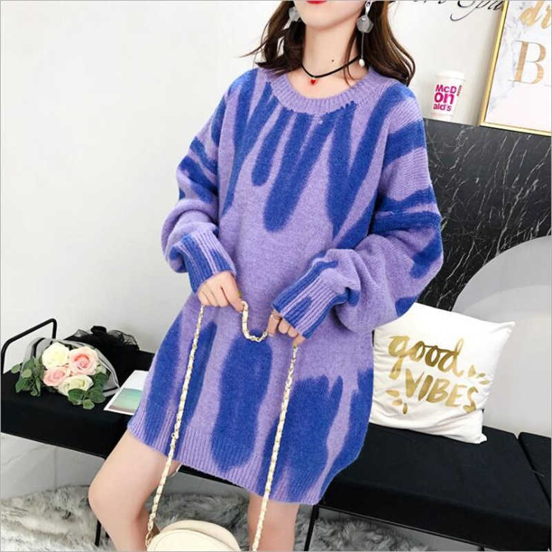 Elegant Green Striped Print Oversized Pullovers Women Winter O-Neck Loose Long Sweaters Streetwear Warm Outerwear 8 Colors 210918