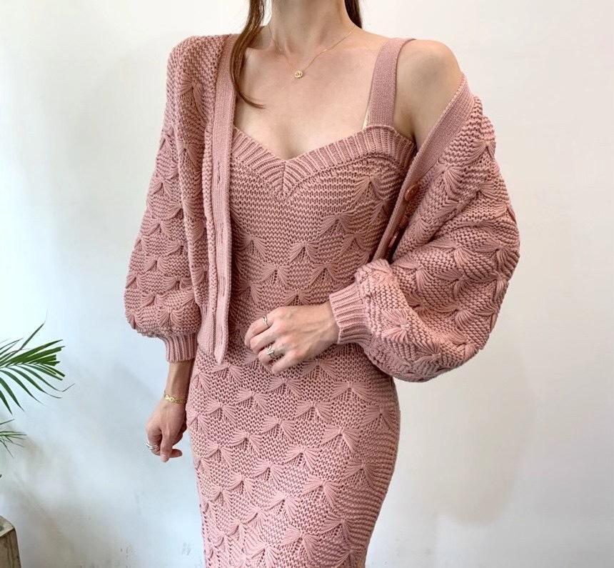 2 Piece Set Korea Women Jacquard Knitted Single-Breasted Lantern Sleeve Short Sweater Coat + Sexy Spaghetti Strap Dress Suit 210519