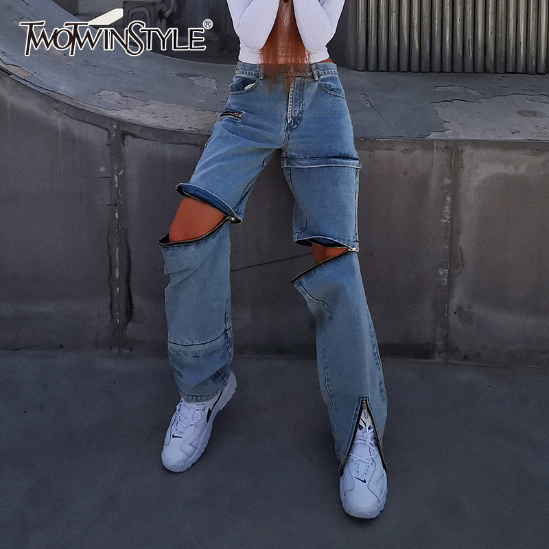 TWOTWINSTYLE Streetwear Zipper Jeans For Women High Waist Straight Casual Wide Leg Denim Pants Female Fashion Clothing 210517