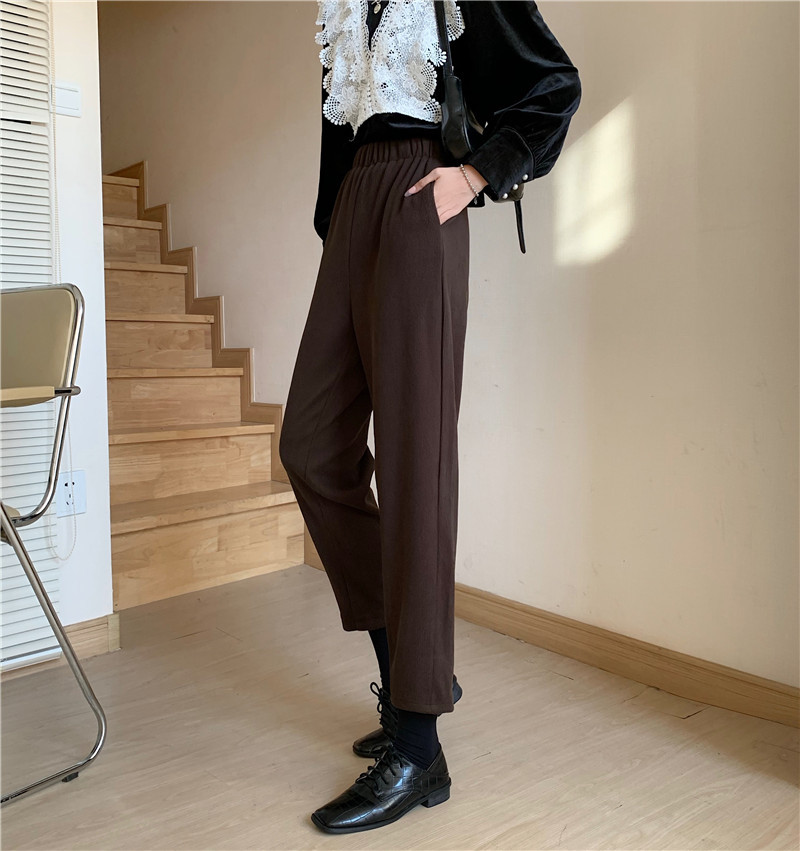 OL Retro Elastic High Waist Straight Harem Woolen Pants Women Autumn Winter Casual Warm Loose Grandma Trousers 210421