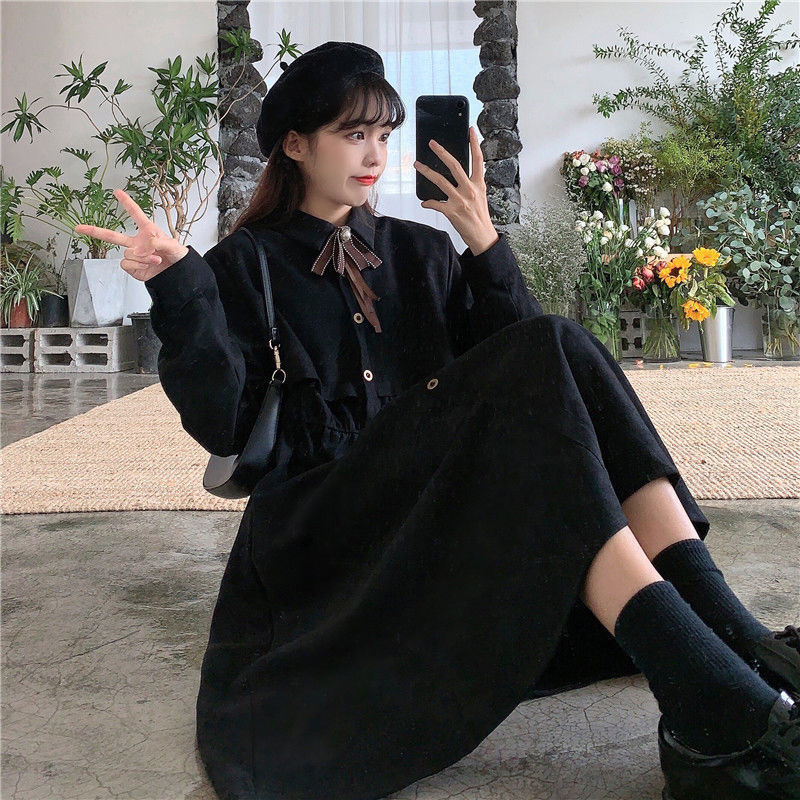 Elegant Dress Women Autumn Bow Lace Up Midi Long Female Casual Korean Fall Robe Clothing Vestidos 210519