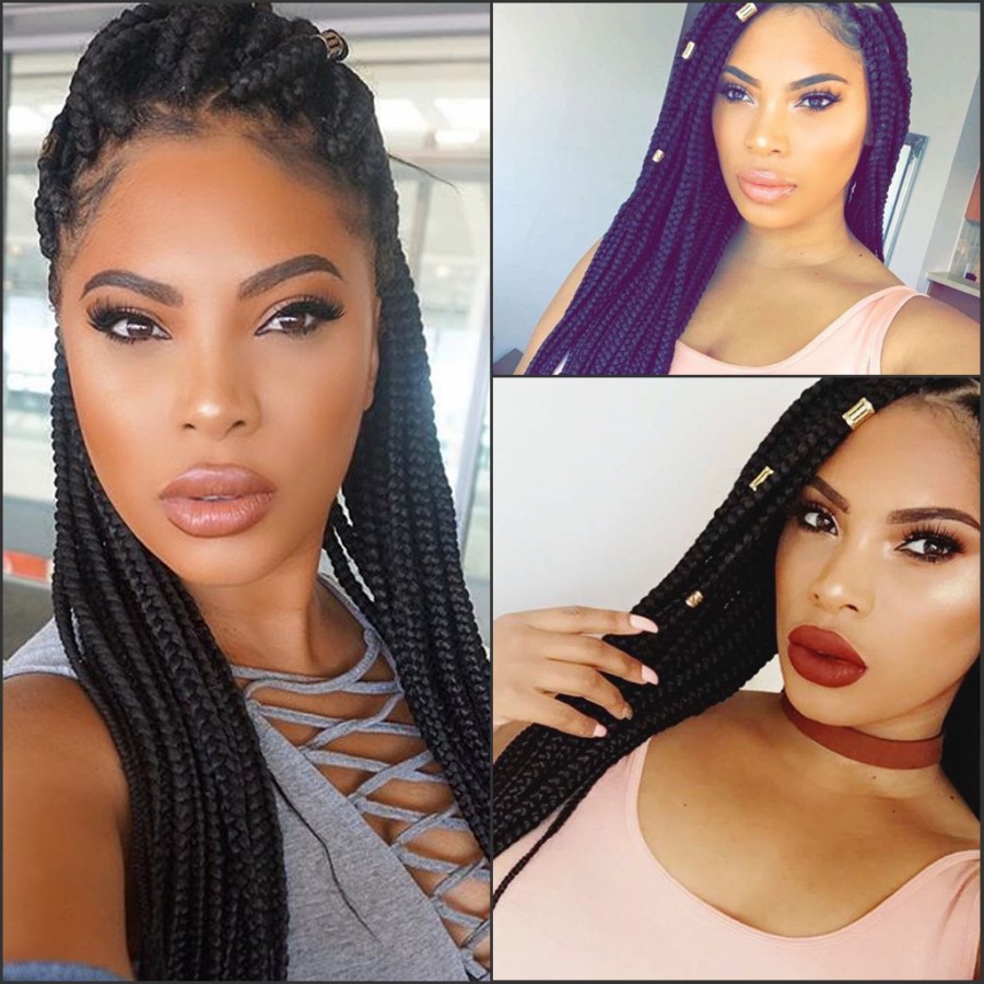 Perruque Long Braided Box Braids Synthetic Lace Front Wigs Black/brownColor Micro Braids Wig With Baby Hair Heat Resistant For Africa American Women