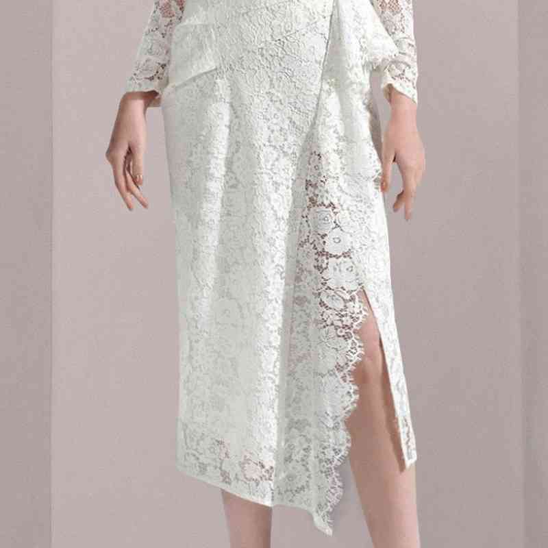 High-End Autumn Female White Ruffle Lace Dress Sexy V Neck Long Sleeves Vacation Holiday Women Clothes Vestido 210520