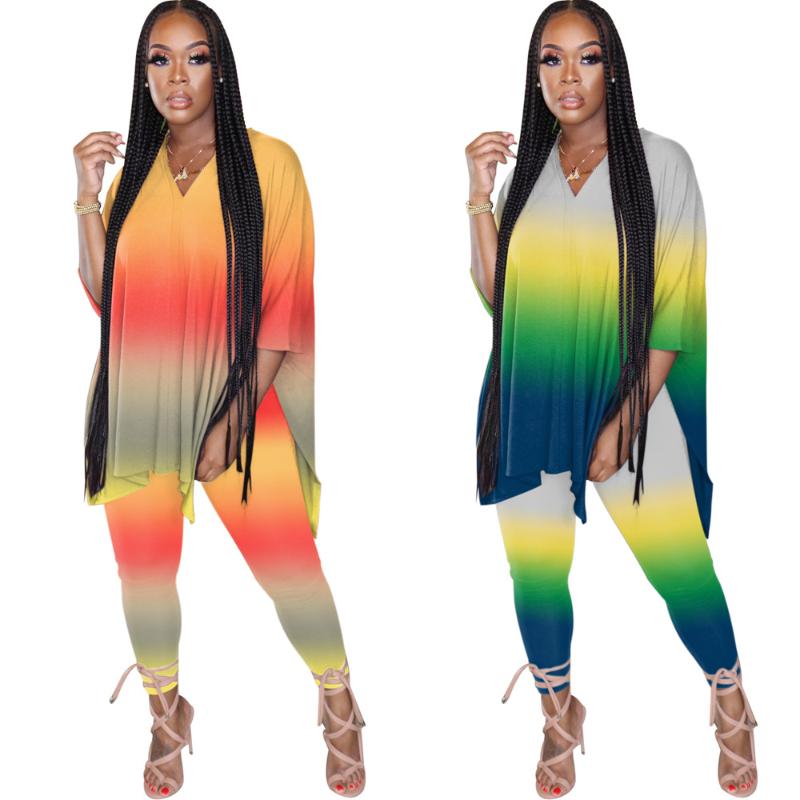 Summer Autumn Women Outfits S--5XL Gradient Half Sleeves Long T Shirt With Split + Leggings Two Pieces Party Sports Sets Women's Tracksuits