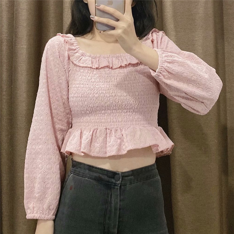 Sweet Women Solid Elastic Short Shirts Fashion Ladies Ruffles Square Collar Blouses Elegant Female Hollow Out Shirt 210430