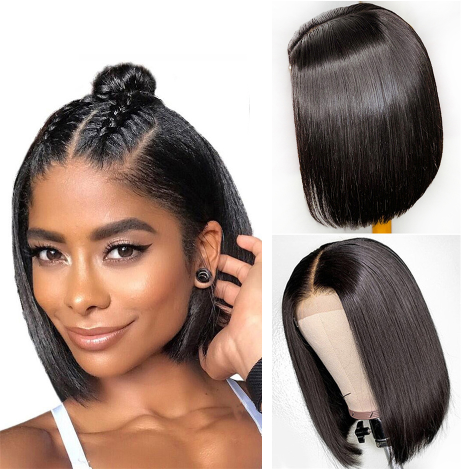 Short Cut Bob Straight Lace Front Wigs for Black Women With Baby Hair Glueless Synthetic Preplucked Middle Part 180%