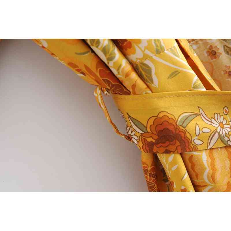 Bohemia V neck Gold Flower Print Maxi Long Kimono Cardigan Ethnic Women Lacing up Bow Sashes Shirt BOHO Loose Blouse Tops 210429