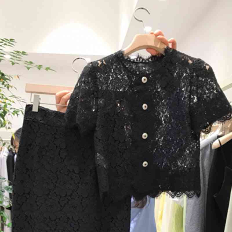 Nomikuam Fashion Elegant Lace Women Skirt Sets Short Sleeve Blouse Tops + High Waist Slim Skirts Korean 2 Pieces Outfits 6H504 210427