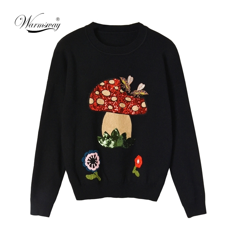 Fall Winter Arrival Women Korean Style Slim O-Neck Sequined Mushroom Coats Pullover Knitted Sweater C-102 210522
