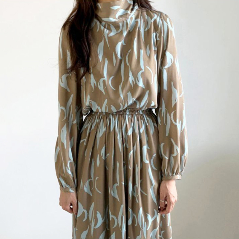 Spring Women Vintage High Waist Slim Was Thin Elegant Hit Color Printing Stand-up Collar Bow Maxi Dress ZA593900 210427