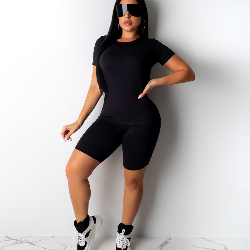 NewAsia Short Sleeve Elastic 2 Piece Set Women Neon Color Tracksuits Summer Shorts O Neck Tops Set Casual Sports Sets Streetwear 210413