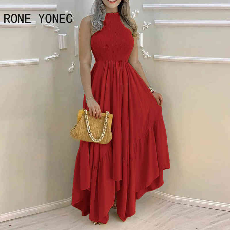 Women Elegant Dress Plain Sleeveless Ruched Maxi Pleated Dress Summer Dress 210409