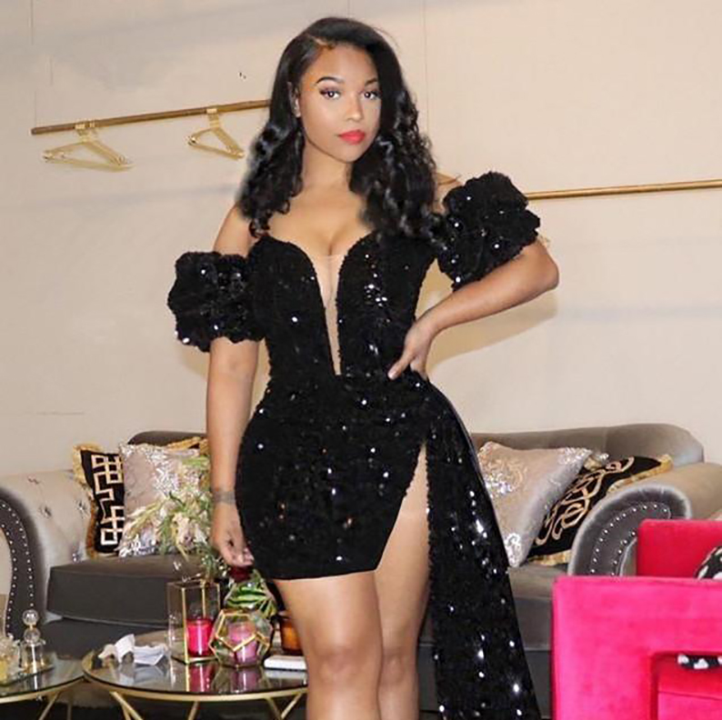 Glittering Black Sequins Short Mimi Prom Dresses 2021 Sexy Off The Shoulder Peplum Cocktail Party Gowns BlingBling Women Club Wear Formal Dress Arabic