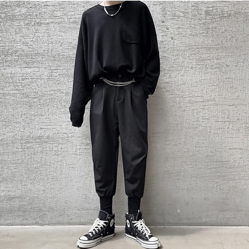 IEFB Men's Causal Pants Personalized Niche Turnup Pants Black Loose Streetwear Chian High Waist Trousers 9Y6695 210524