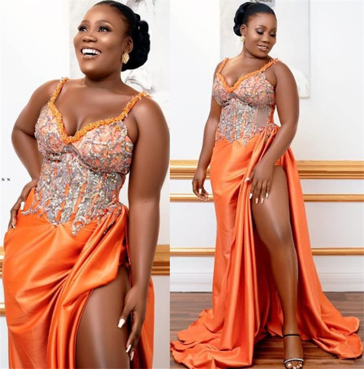 2022 Plus Size Arabic Aso Ebi Orange Lace Beaded Prom Dresses High Split Sexy Evening Formal Party Second Reception Bridesmid Birthday Gowns Dress ZJ2