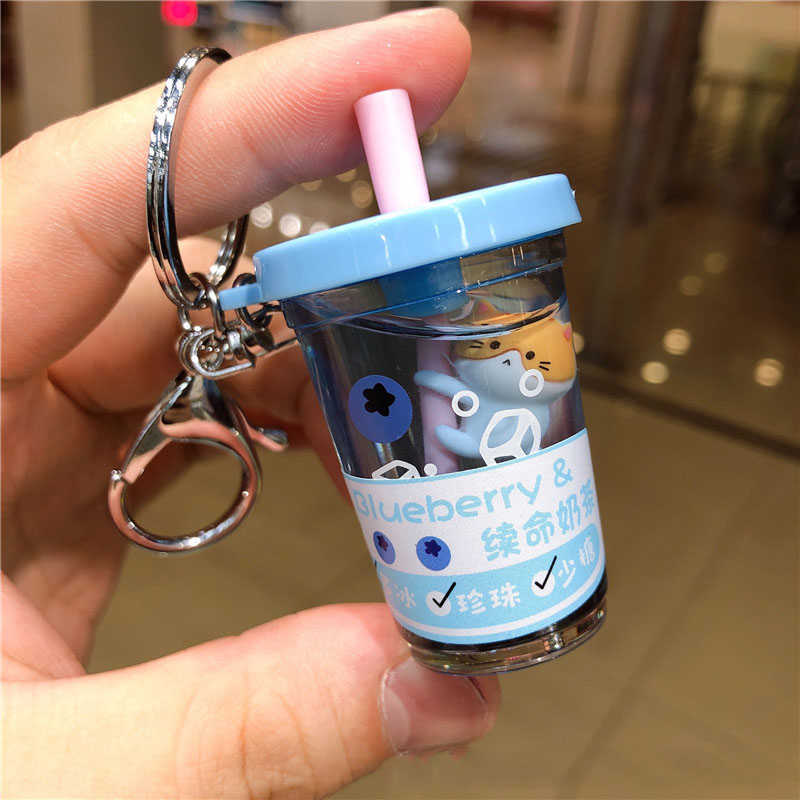 Creative Pearl Straw Milk Tea Cat Life Extension Keychain Cartoon Floating Kitty Liquid Key Chain Women Bag Pendant Keyfob Gifts G1019