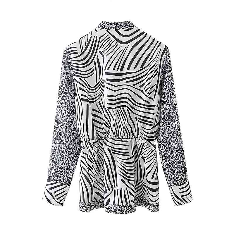 Elegant Women Leopard Patchwork Shirts Fashion Ladies Bow Collar Tops Streetwear Female Chic Zebra-Stripe Blouses 210430