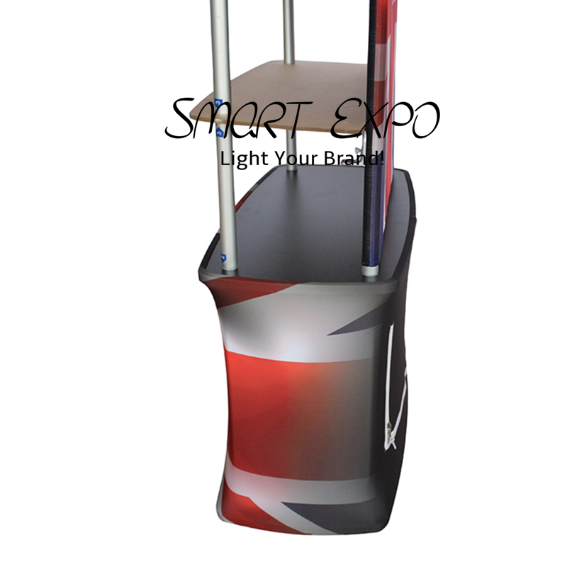Trade Fair Advertising Display Promtion Counter Rack with HDF Top-Bottom Boards Thick Aluminum Tube Tension Fabric Printed Graphic Portable Carry Bag