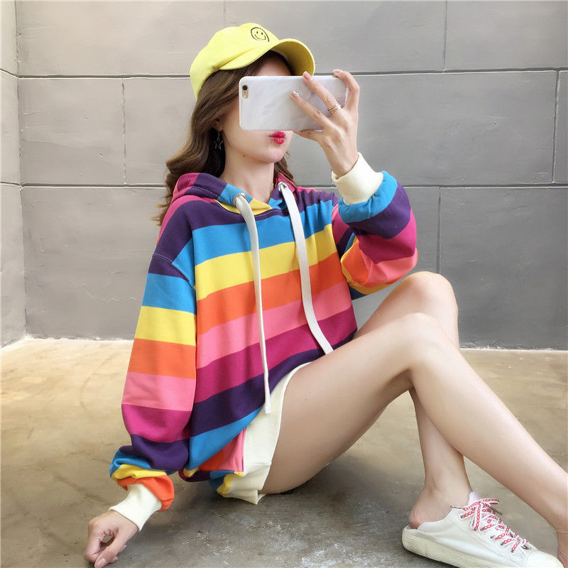Women Colour Hoodies Oversized Casual Hood Long Sleeve Loose Sweatshirt Korean Style Rainbow Stripe Pocket Pullover Tops Autumn 210522