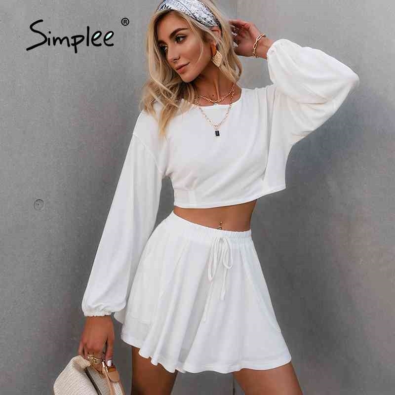 White long sleeves two piece woman short suits Elastic waist lace up summer suit Pockets causal loose sets fashion 210707