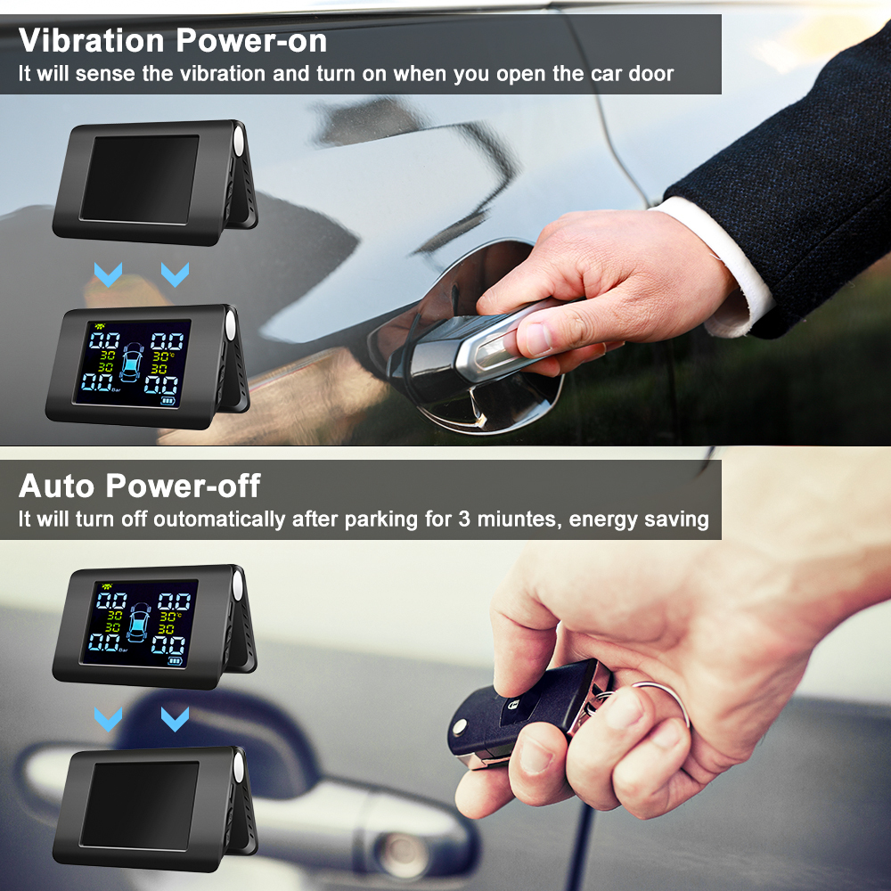 TPMS Solar Power Tyre Monitoring with LCD Real-time Display Car Tire Pressure Auto 4 Sensors Alarm System