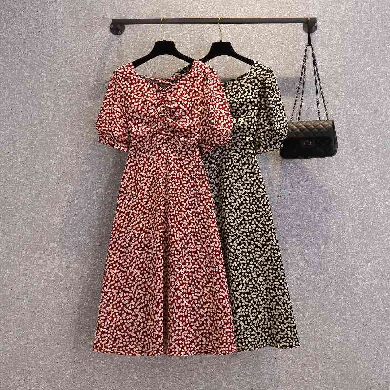 Korea Women Dresses Summer French Sweet Temperament Female Puff Sleeves V-Neck Waisted Gentle Floral Chiffon Dress Vestido 210506