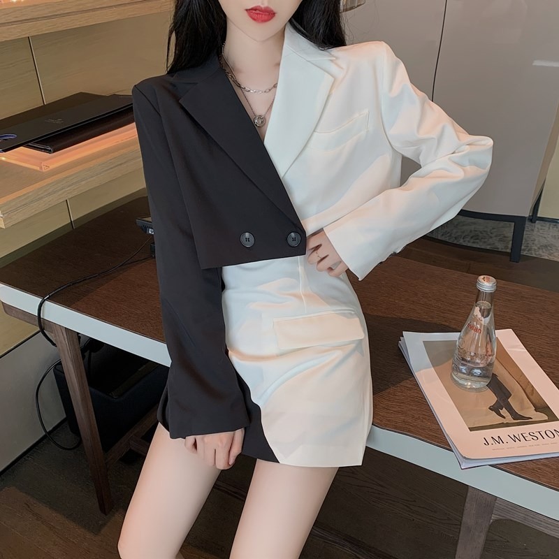 Kimutomo Fashion Two Piece Set Women Hong Kong Style Black White Patchwork Blazers and High Waist Mini Skirt Spring Chic 210521