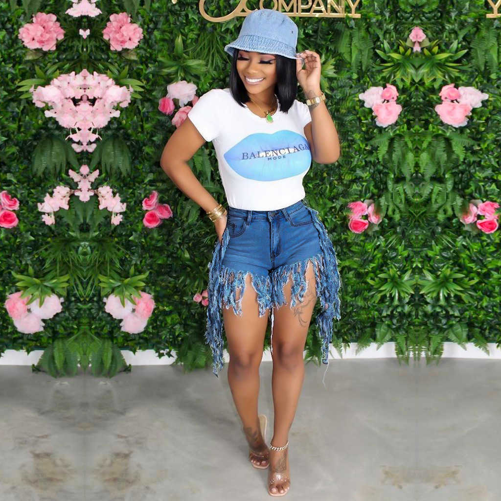 Tassel Denim Shorts Women Elastic High Waist Sexy Rave Short Jeans Casual Biker Streetwear 210714