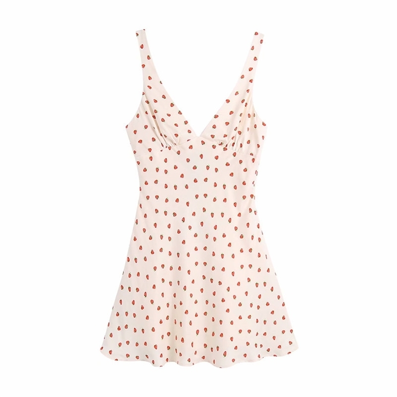PUWD Sweet Women V Neck Draw Back Dress Summer Fashion Ladies College Style Cute Female Printed Mini Sling 210522