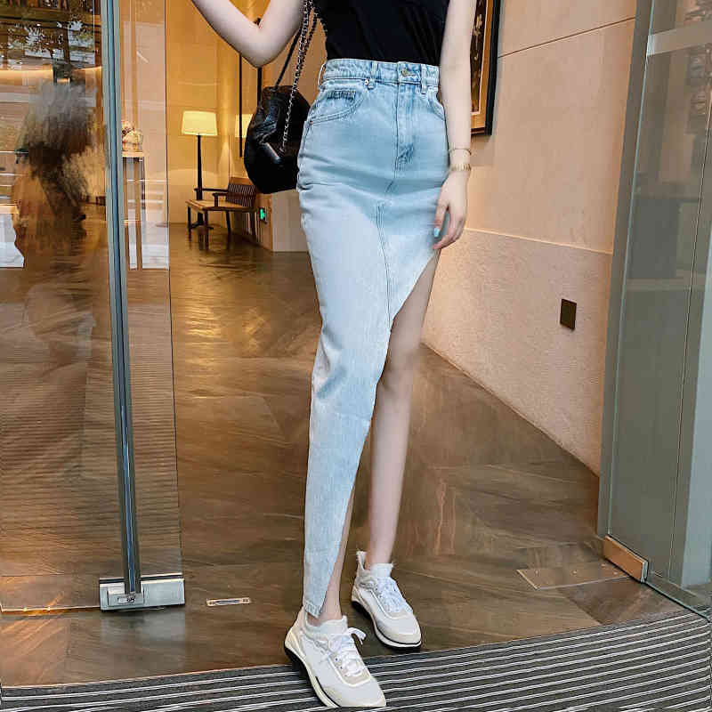 Womder Summer Asymmetric Long Jeans Skirt High Waist Split Sexy Denim Vintage Korean Jupe Femme 210510
