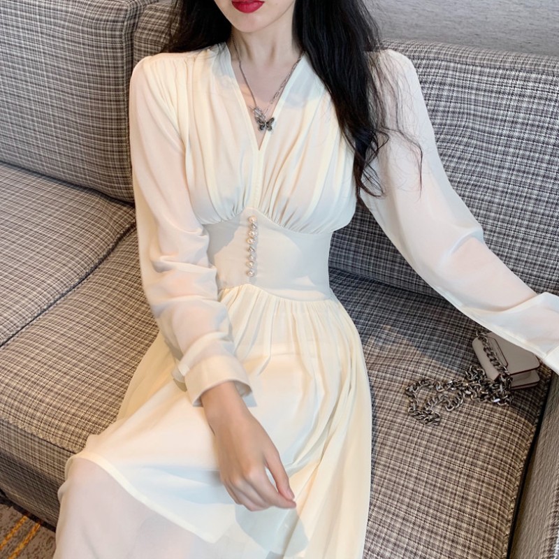 Korean Spring Women Sexy V-Neck Apricot Chic Party Dress Feminine Elegant Chiffon High Waist Long-Sleeved Midi 210519