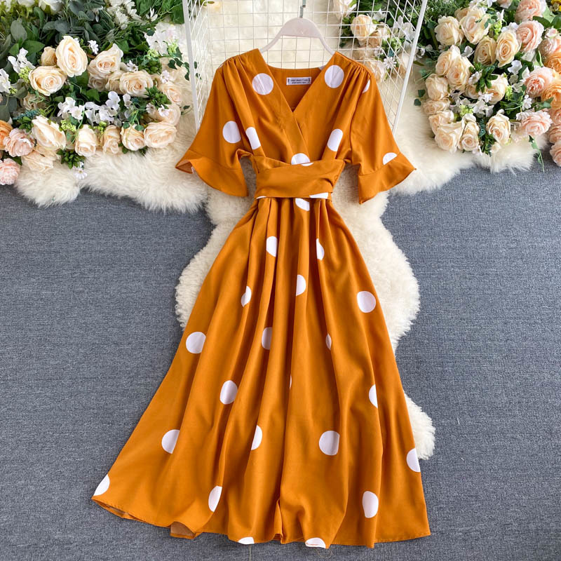10 Color Summer Red V Neck Short Sleeve Bandage Waist Polka Dot Dress Women Flare Fashion Clothing Elegant Vestido 210429