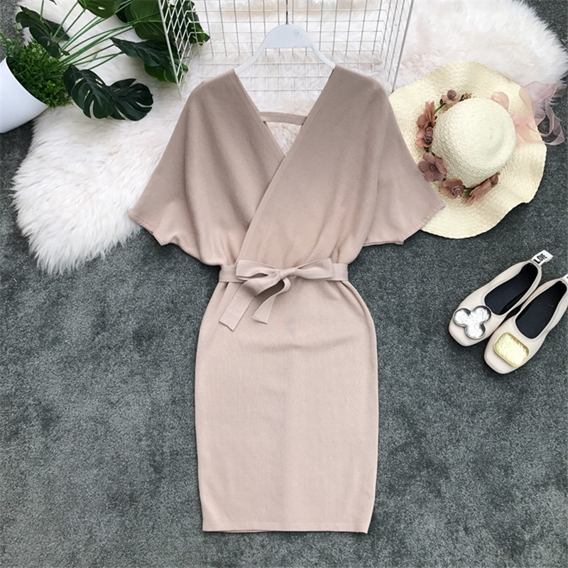 Sexy Dresses Solid Knitting Stretch C-neck Summer Dress Women Bow Lace Up Bodycon Batwing Sleeve Slim Vestidos 210521