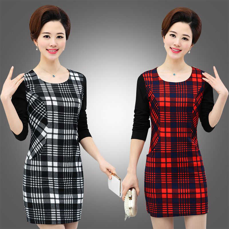 Autumn Spring Dres Vintage Plaided Printed Long Sleeve Slim Package Hip Sheath Black Plus Size XL-5XL 210609