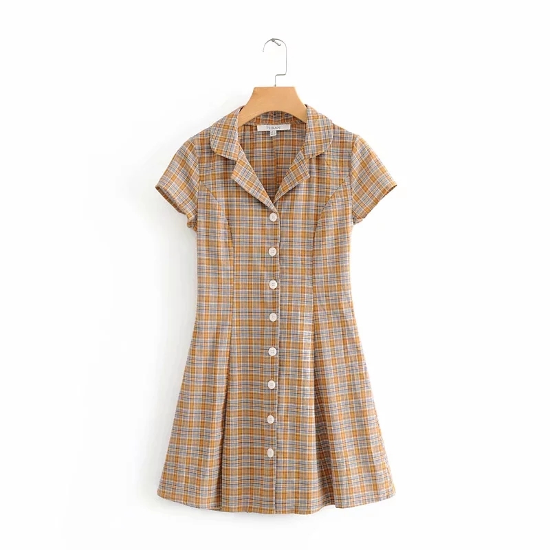 Vintage cotton linen red Plaid dress women elegant short sleeve button mini beach korean party casual vestidos 210521