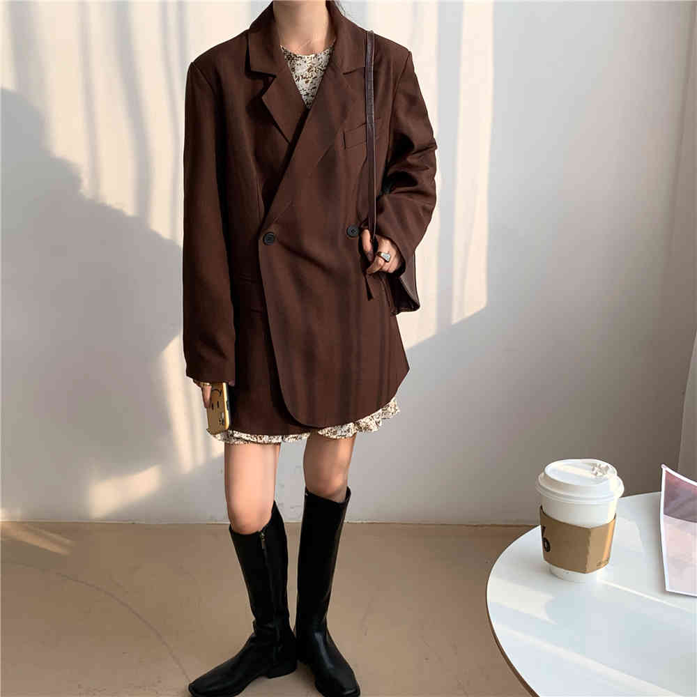 Autumn Winter Double Breasted Blazer Women Work Wear Formal Minimalist Loose Elegant OL Suit Collar Coat Female 210421