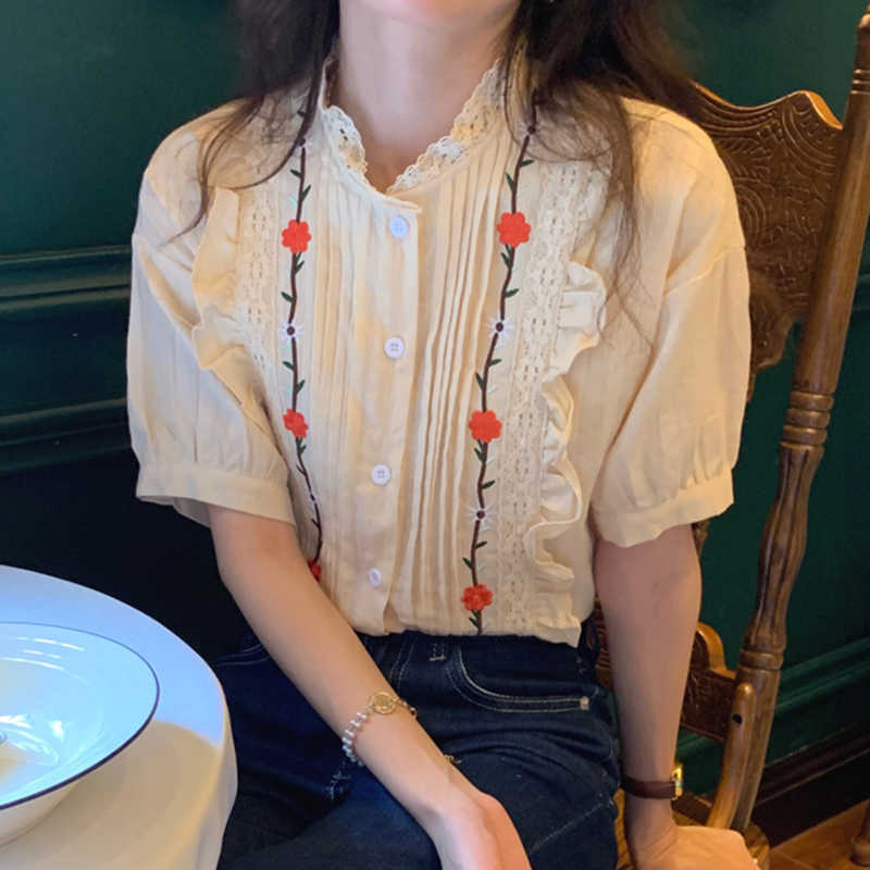 Korejpaa Women Shirt Summer Korean Chic Girls Sweet Round Neck Fungus Lace Stitching Embroidery Flower Puff Sleeve Blouses 210526