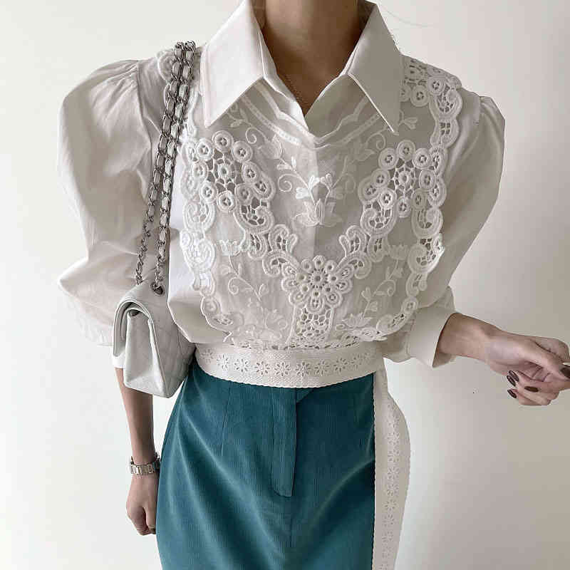 Vintage Female Shirt Set Early Spring Versatile Lapel Single Breast Puff Sleeve Shirt Lace Crochet Hollow Vest, White
Vintage Female Shirt Set Early Spring Versatile Lapel Single Breast Puff Sleeve Shirt Lace Crochet Hollow Vest, White