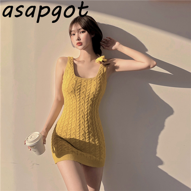 9 Color Korean Chic Simple Sexy Solid Slim Square Neck Sleeveless Knitted Tank Dress Women Mini Retro Casual Tight Wrap Hip 210429